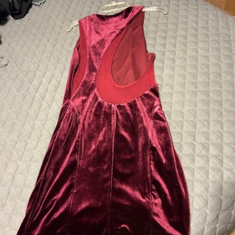 Red velvet like dress with racerback asymmetrical back cut out